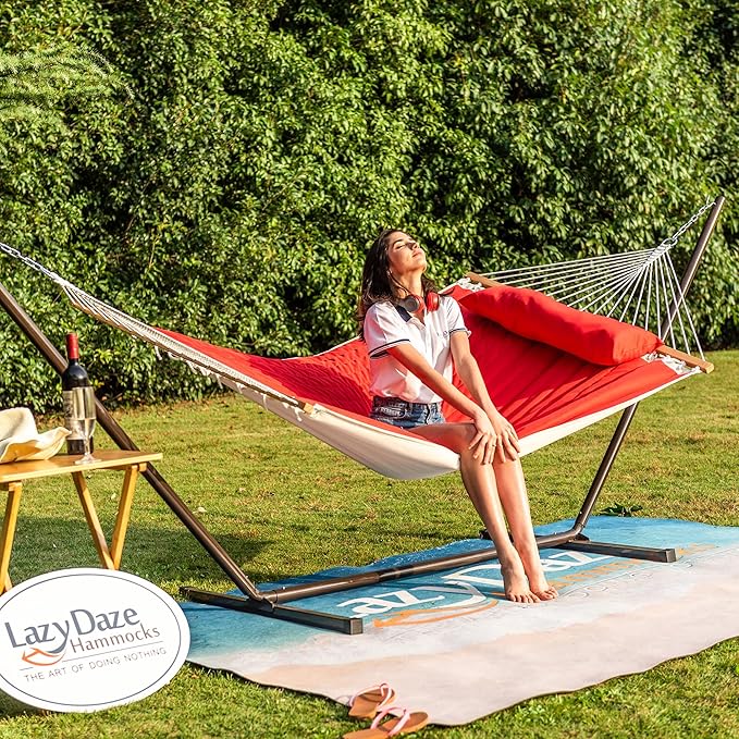 Lazy Daze Quilted Fabric Hammock with 12-Foot Stand, Double 2-Person Hammock with Pillow for Outdoor Outside Patio, Garden, Backyard, 450LB Capacity, Red