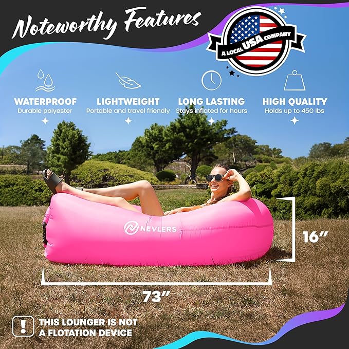 Nevlers Inflatable Lounger | 210T Polyester Inflatable Chair | No-Pump Blow Up Couch | Camping Couch Air Sofa Bed w/ 450 lbs. Cap., Pockets & Matching Bag | Use as Inflatable Couch for Adults & Kids