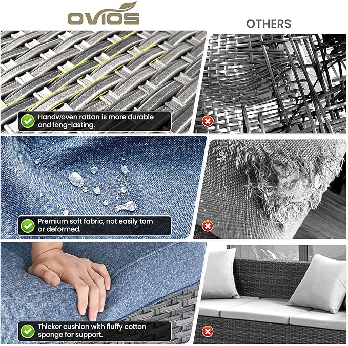 ovios 8 Pieces Patio Furniture Set, Outdoor Wicker Sofas with 2 Chairs, 4 Ottomans and Comfy Cushions, All Weather High Back Couch Set for Deck Porch, Grey Rattan, Denim Blue