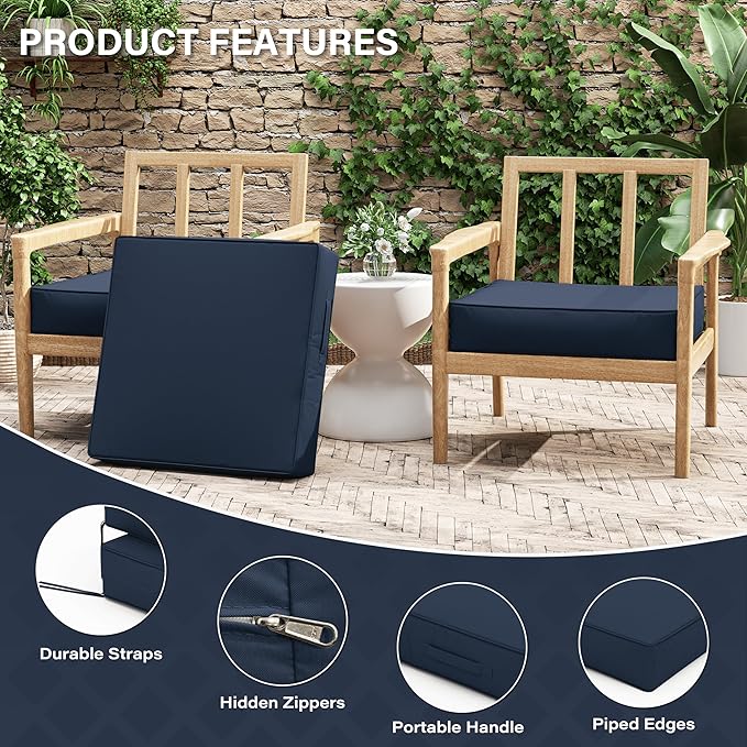 Patio Chair Cushions 24 X 24 X 5 Inch Waterproof Outdoor Seat Cushions for Patio Furniture, Outdoor Sofa Couch Pads with Ties & Handle, Set of 2, Navy Blue