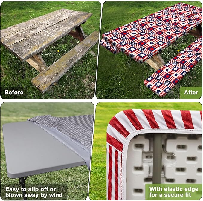 Picnic Table Cover with Bench Covers Camping Essentials Waterproof Windproof Camping Tablecloth with Drawstring Bag, Fitted Rectangle Tables and Seats, 72in, Red Blue Checkered