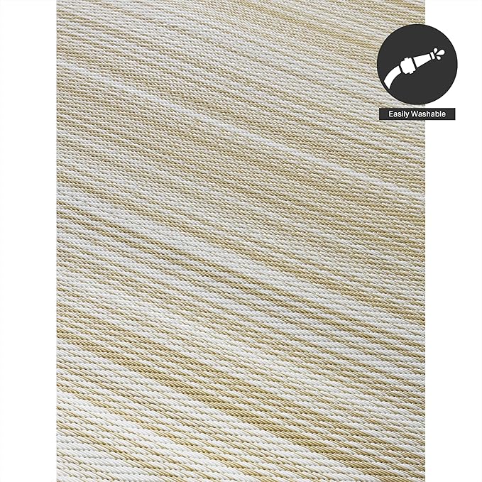 FH Home Outdoor Rug - Waterproof, Fade Resistant, Reversible - Premium Recycled Plastic - Striped - Patio, Deck, Porch, Balcony - Havana - Beige Crease Free - 5 x 8 ft
