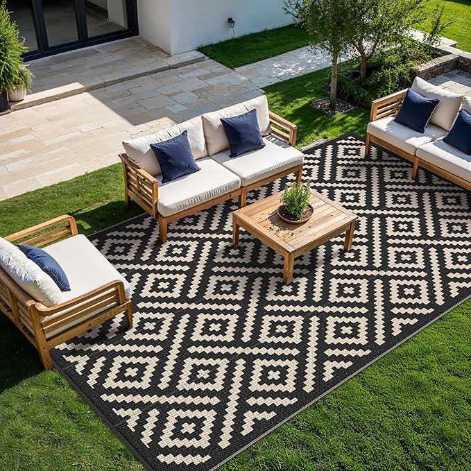 GENIMO Outdoor Rug for Patio Clearance, 10'x14' Waterproof Large Camping Mat, Reversible Plastic Straw Rugs for RV, Camper, Balcony, Backyard, Picnic, Deck (Black & Beige)