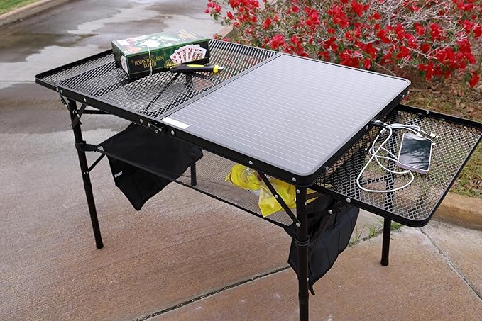Nice C Camping Table, Grill Table, Tailgate Tables, Solar Panel Tables with USB, Type-C&DC Charging Cable, 42W Portable Solar Charger, 2 Side Shelves, Height Adjustable with Mesh Net&Cup Holders