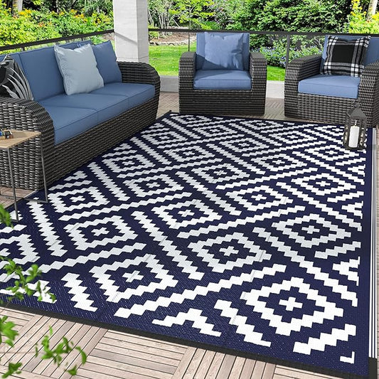 GENIMO Outdoor Rug for Patio Clearance,9'x12' Waterproof Large Mat,Reversible Plastic Camping Rugs,Rv,Porch,Deck,Camper,Balcony,Backyard (Navy Blue & White)