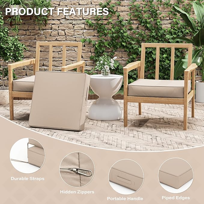 Patio Chair Cushions 22 X 22 X 4 Inch Waterproof Outdoor Seat Cushions for Patio Furniture, Outdoor Sofa Couch Pads with Ties & Handle, Set of 2, Sand