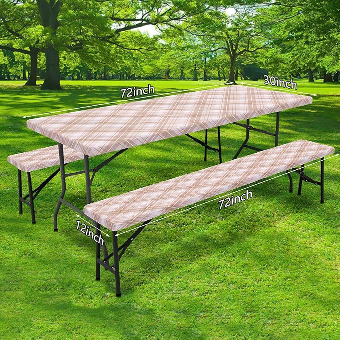 DYNH 3 Pcs Picnic Table Cover with Bench Covers, Waterproof Reusable Elastic Fitted Rectangle Picnic Table Cloths,30x60IN Beige Plaid Picnic Tablecloth for Camping Patio Travel Outdoor