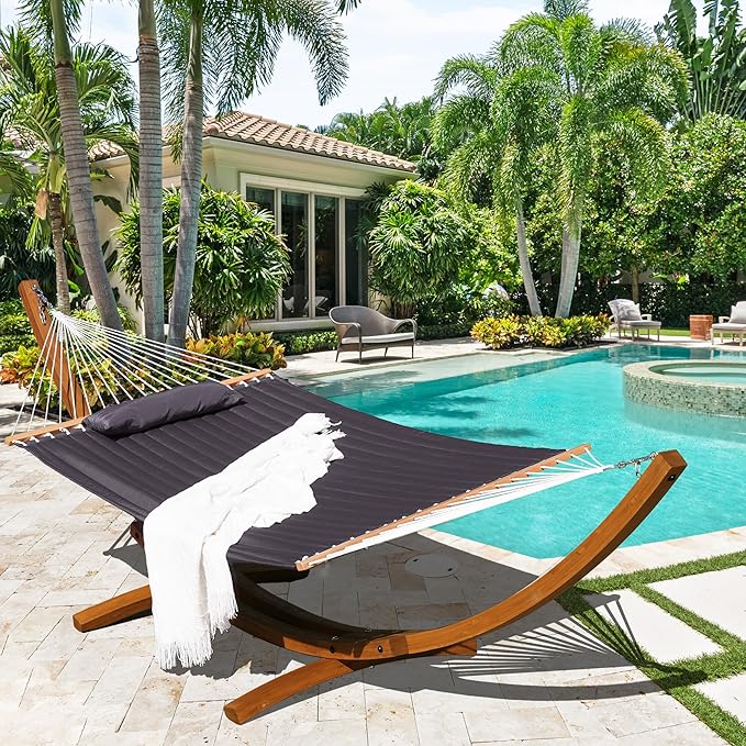 Lazy Daze Hammocks 12 FT Double Quilted Fabric Hammock and 13 FT Brown Wooden Arc Stand, with Spreader Bar, Removable Pillow, 2 Person Hammock for Outdoor Patio Poolside, 450 lb Capacity, Dark Gray