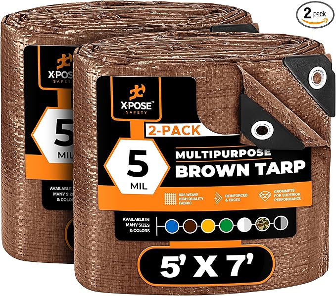 Multipurpose Protective Cover Brown Poly Tarp 5' x 7' (2-Pack) - Durable, Water Resistant, Weather Resistant - 5 Mil Thick Polyethylene - by Xpose Safety