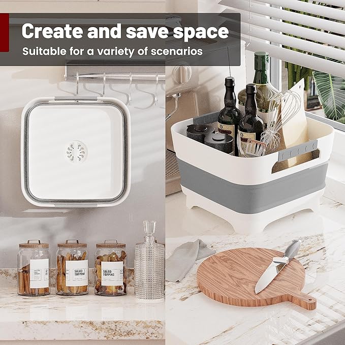 2.4 Gal Collapsbile Wash Basin with Drian Plug,9L Dish Pan for Soaking Baby Bottles,Portable Sink, Multiuse Foldable Bucket,Ice Beverage Tubs for Camping, Vegetable Washing, RV (Gray)