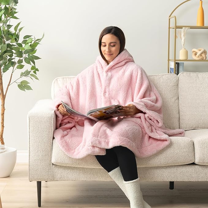 PAVILIA Angel Wrap Hooded Blanket Poncho, Wearable Blanket Throw Wrap Poncho for Women Adult, Cozy Fluffy Sherpa Fleece Shawl Cape with Hood pockets, Warm Gift for Mom Wife, Light Pink