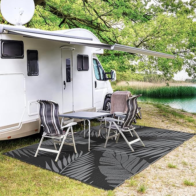 GENIMO Outdoor Rug 5' x 8' Waterproof for Patios Clearance, Reversible Outdoor Plastic Straw Camping Rug Carpet, Large Area Rugs Mats for RV, Picnic, Backyard, Deck, Balcony, Porch, Beach, Black&Grey
