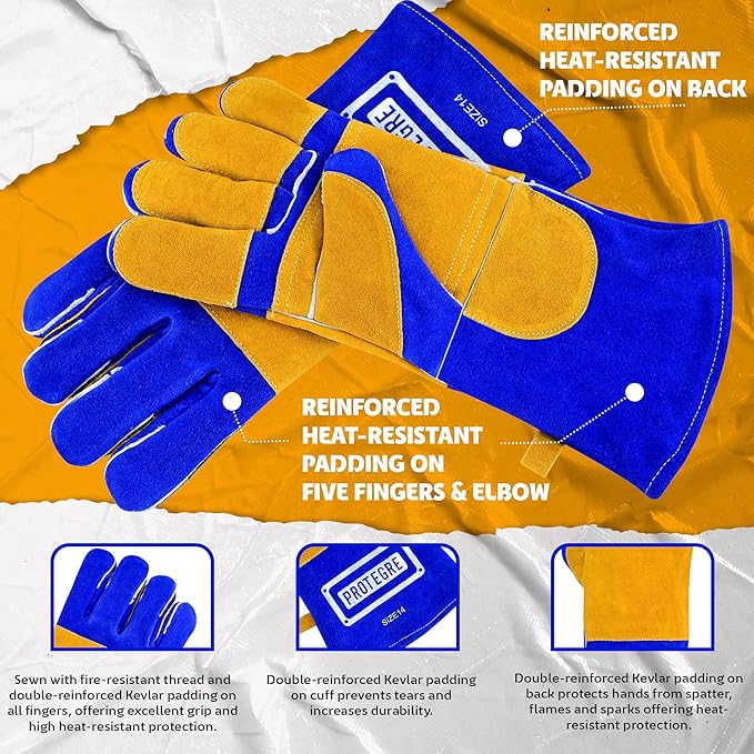 14” Welding Gloves – Heavy-Duty Heat & Flame Resistant Cowhide Leather, Kevlar-Stitched, 932℉ Protection for MIG, Stick, Forge, Fireplace, BBQ, Wood Stove (𝐁𝐥𝐮𝐞/𝐘𝐞𝐥𝐥𝐨𝐰)