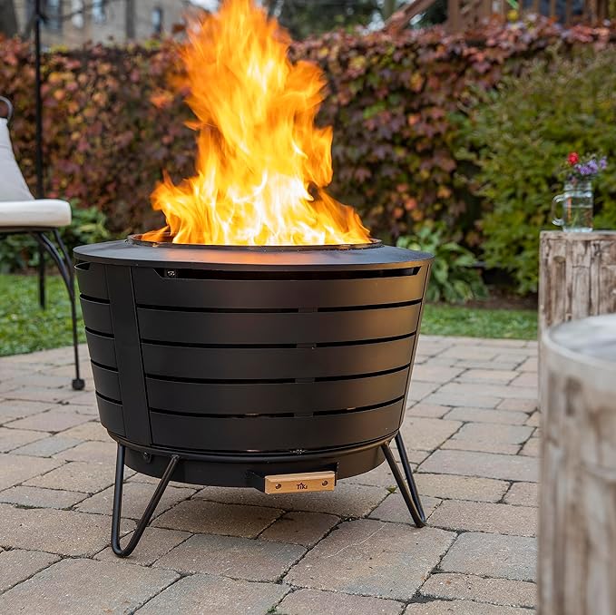 TIKI 25-Inch Smokeless Patio Fire Pit, Wood Burning with Removable Ash Pan & Weather-Resistant Cover, Modern Black Design – Ideal Outdoor Smokeless Fire Pit for Backyard & Patio