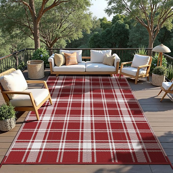 GENIMO Waterproof Outdoor Rug for Patio Clearance, 5'x8' Reversible Plastic Straw Rugs, Lightweight RV Camping Mat for Camper, Balcony, Deck, Backyard, Picnic, Red & White