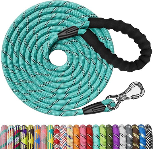 NTR 15FT Training Leash for Dogs, Reflective Nylon Rope with Swivel Hook, Comfortable Handle for Small to Large Dogs, Teal