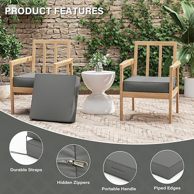 Patio Chair Cushions 19 X 19 X 4 Inch Waterproof Outdoor Seat Cushions for Patio Furniture, Outdoor Sofa Couch Pads with Ties & Handle, Set of 2, Light Grey