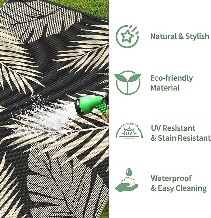 GENIMO Outdoor Rug 10' x 14' Waterproof for Patios Clearance, Reversible Outdoor Plastic Straw Camping Rug Carpet, Large Area Rugs Mats for RV, Camper, Deck, Balcony, Porch, Beach, Picnic, Black&Beige