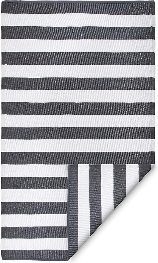 FH Home Outdoor Rug - Waterproof, Fade Resistant, Crease-Free - Premium Recycled Plastic - Geometric - Patio, Porch, Deck, Balcony - Brittany Stripe - Gray & White - 5 x 8 ft