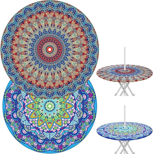 2 Pcs Round Outdoor Tablecloth with Umbrella Hole - Anti-Wrinkle Polyester Tablecloth with Elastic Zipper Table Cover for Summer Patio Camping Party(45''-53'',Mandala)