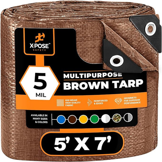 Multipurpose Protective Cover Brown Poly Tarp 5' x 7' - Durable, Water Resistant, Weather Resistant - 5 Mil Thick Polyethylene - by Xpose Safety