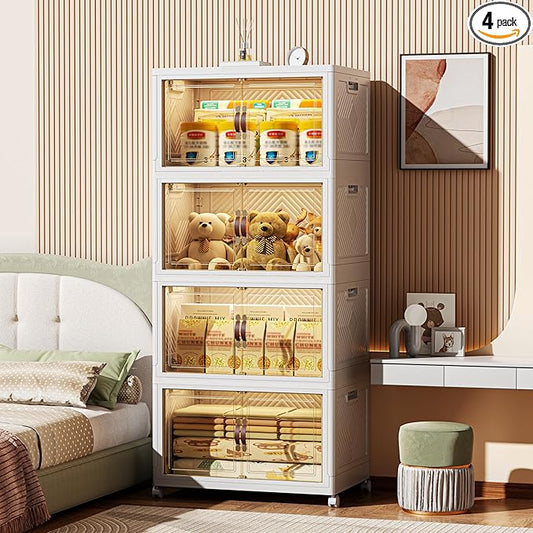 416 QT / 104 Gal Stackable Collapsible Storage Bins with Magnetic Doors & Wheels - Space-Saving Plastic Organizer Cabinet for Closet, Office, Home (White)