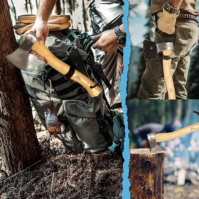 Prandi Axes German C45 Forged Carbon Steel Hatchet - Hickory Handle with Leather String - Ideal for Camping, Travel and Bushcraft - S/N 3.003.10.CH - 16" L x 6.85" W, 1000g Polished Head, No Sheath