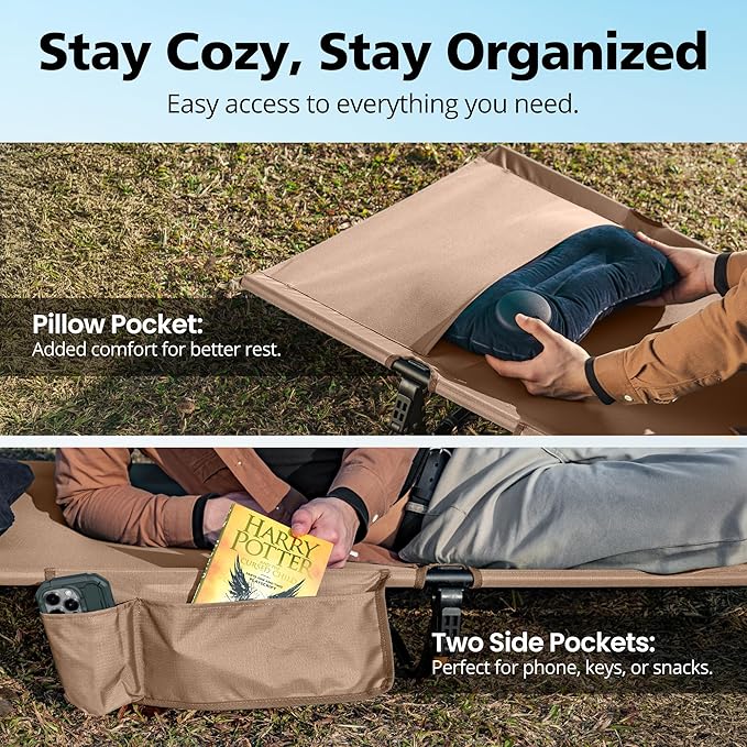 Ultralight Camping Cot for Adults, Portable Folding Camping Bed, Supports 350 lbs - Lightweight for Travel, Camping, Hiking, Backpacking, Mountaineering (Khaki)