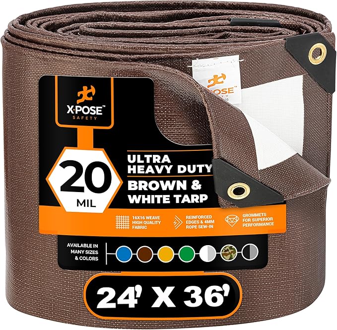 24' x 36' Brown/White Ultra Heavy Duty Tarp - 20 Mil Waterproof 24X36 - Extra Large Outdoor Tarp, UV Protection, Reinforced Corners