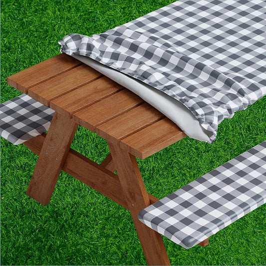 Sorfey Picnic Table Cover with Bench Covers -Fitted with Elastic, Vinyl with Flannel Back, Fits for Table 30"x 96" Rectangle,Water Proof, Checked Grey Design