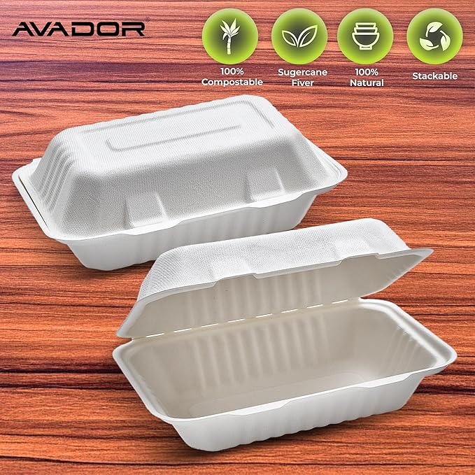 AVADOR® Compostable Tableware 100% Eco-Friendly & Biodegradable Dinnerware Eco-Conscious, Disposable, and 100% Biodegradable (9 Inch x 6 Inch Clamshell Pack of 50)