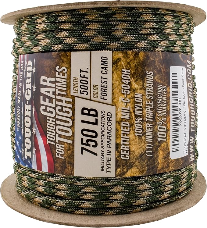 TOUGH-GRID Paracord Rope 750 lbs Nylon Parachute Cord, Made in USA Survival Kit, Outdoor Adventures, Camping, Tactical Gear & Emergency Supplies, Military Type IV Mil-Spec