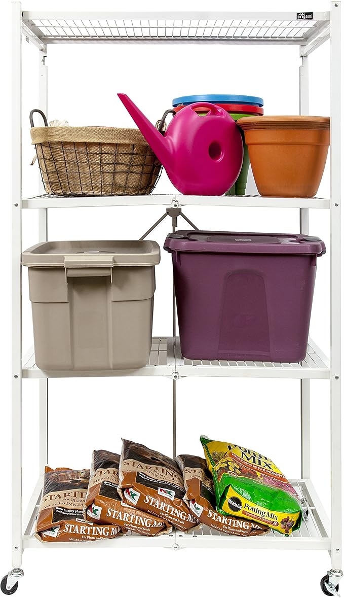 Origami 2-Pack R5 Storage Rack, 4-Tier Heavy-Duty Foldable Steel Shelf with Wheels, White
