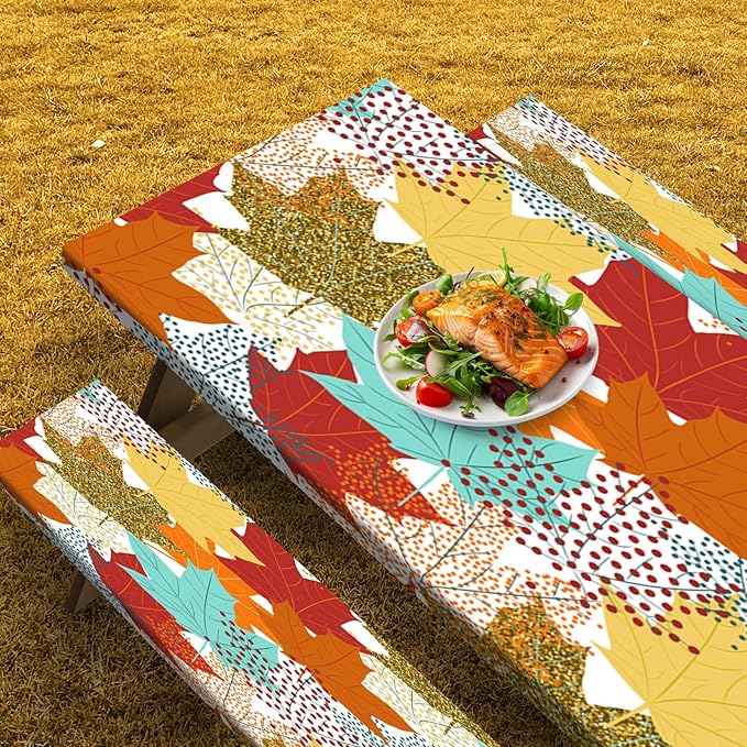 Picnic Table Cover with Bench Covers Elastic Edges, Fall Leaves Fitted Table Cover, Outdoor Patio Camping Essentials 72 Inch 3PCS, Waterproof Camping Fitted Tablecloth with Drawstring Bag
