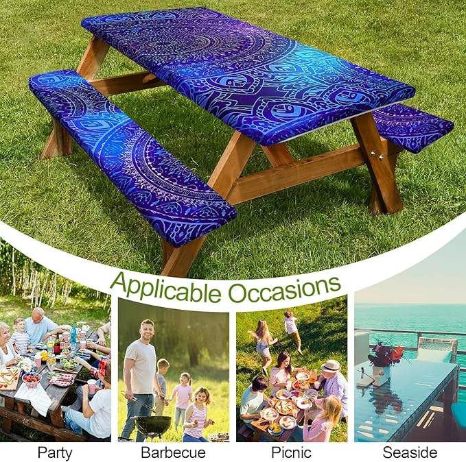 Picnic Table Cover with Bench Covers Camping Essentials Waterproof Windproof Camping Tablecloth with Drawstring Bag, Fitted Rectangle Tables and Seats, 60in, Blue Purple