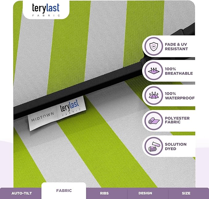 Midtown Umbrellas The Lean 8 Feet Outdoor Umbrella With Terylast Pear Stripes (Green/White Stripes) Polyester Fabric - Auto-Tilt Aluminum Frame Patio Umbrella For Deck, Garden, Pool - Black Pole