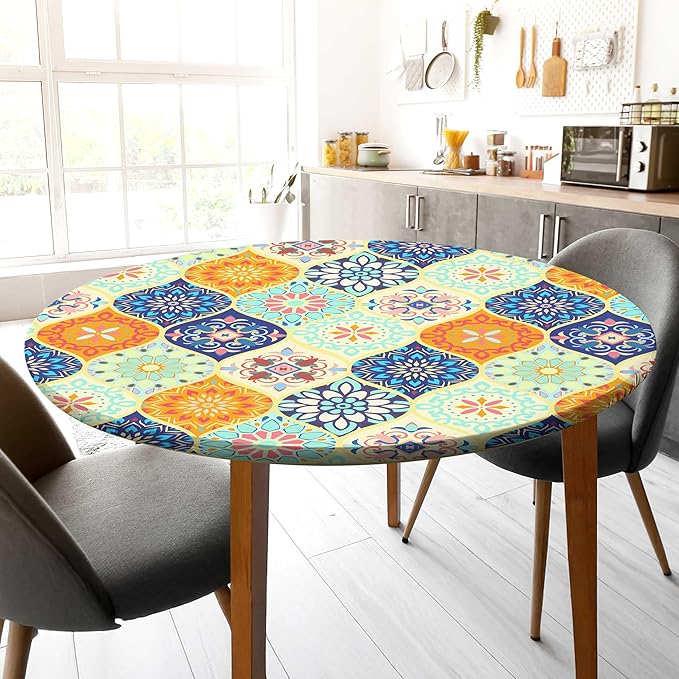 Round Tablecloth Fitted Elastic Table Cover Waterproof Table Cloth for Dinner, Party, Picnic,Camping, Round Table Cover for Indoor Outdoor