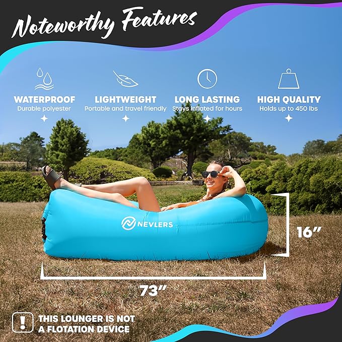 Nevlers 2 Pack Inflatable Loungers Air Sofa Couch | Perfect for Beach Chair Camping Chairs or Portable Hammock |Travel Bag Pouch, Pegs & 3 Pockets| Movie Seating & Camping Accessories Blow Up Lounger