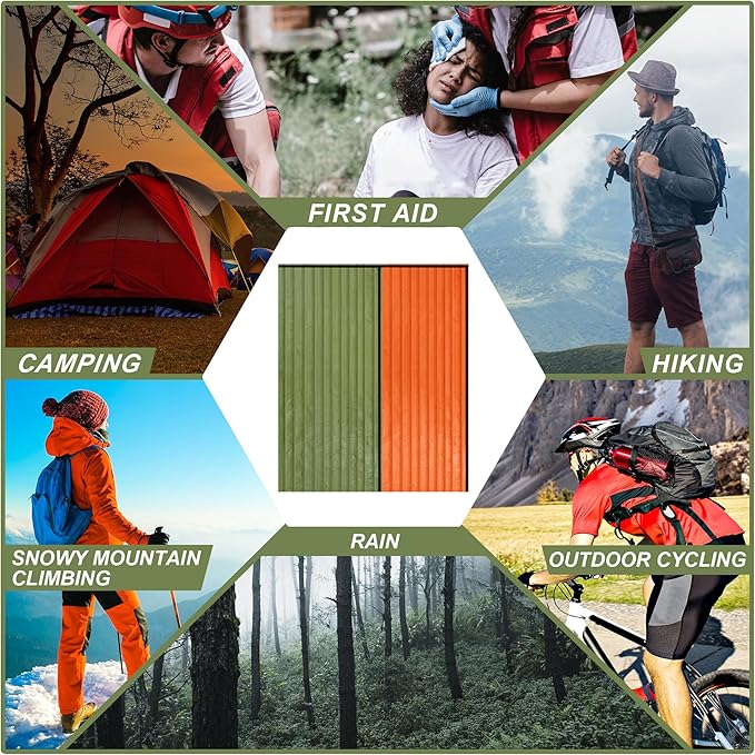 Preboun 70 Pcs Emergency Sleeping Bag Portable Lightweight Survival Bag Thermal Bivy Sack Waterproof Emergency Blanket Survival Gear for Outdoor Camping Hiking Homeless People Shelter (Orange,Green)