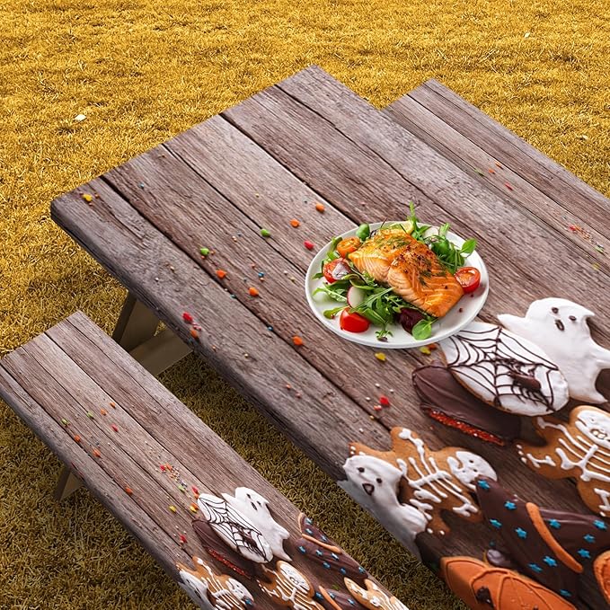 Picnic Table Cover with Bench Covers Elastic Edges, Halloween Skeleton Fitted Table Cover, Outdoor Camping Essentials 72 Inch 3PCS, Waterproof Camping Fitted Tablecloth with Drawstring Bag