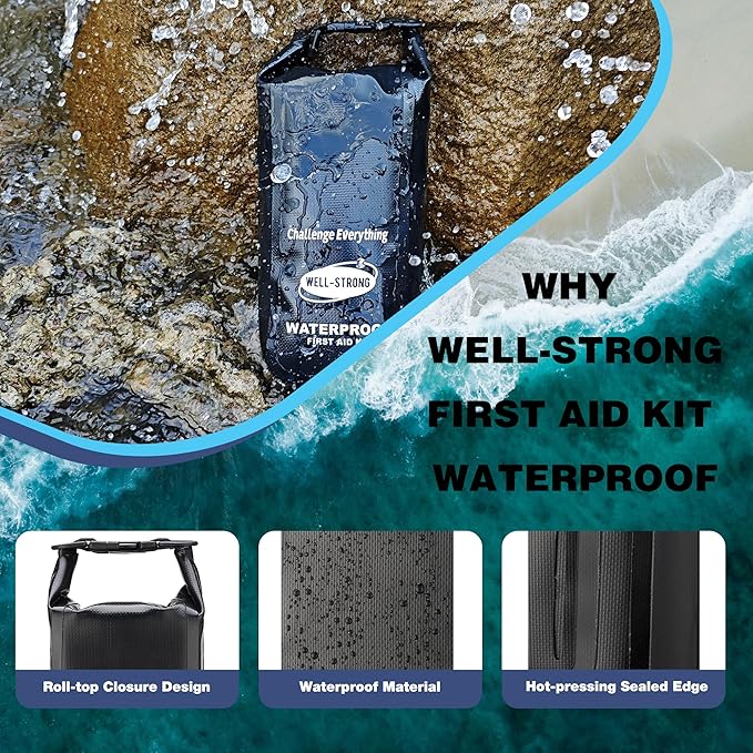 Waterproof First Aid Kit Roll Top Boat Emergency Kit with Waterproof Contents for Fishing Kayaking Boating Swimming Camping Rafting Beach Black