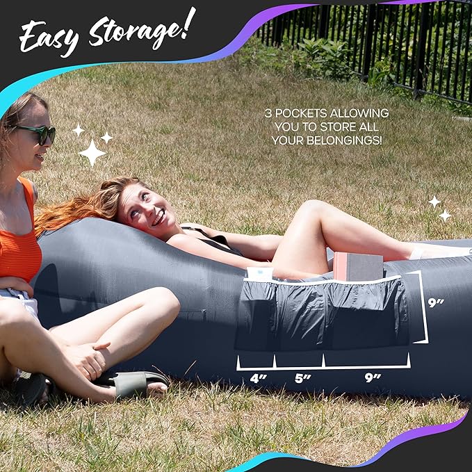 Nevlers Inflatable Lounger | 210T Polyester Inflatable Chair | No-Pump Blow Up Couch | Camping Couch Air Sofa Bed w/ 450 lbs. Cap., Pockets & Matching Bag | Use as Inflatable Couch for Adults & Kids