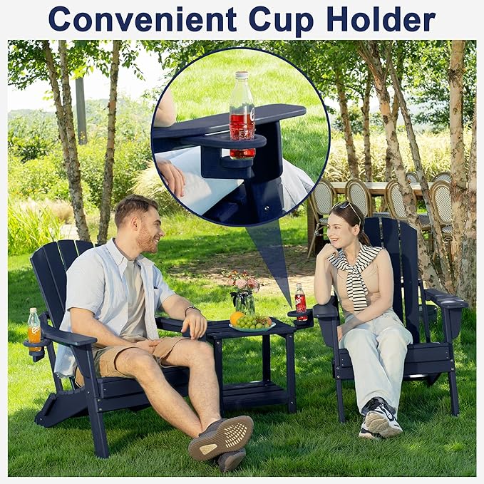 Folding Adirondack Chair, SGS Tested, Wooden Textured with Cup Holder, Heavy All-Weather HDPE Comfortable Set Poolside Backyard Lawn Navy Blue