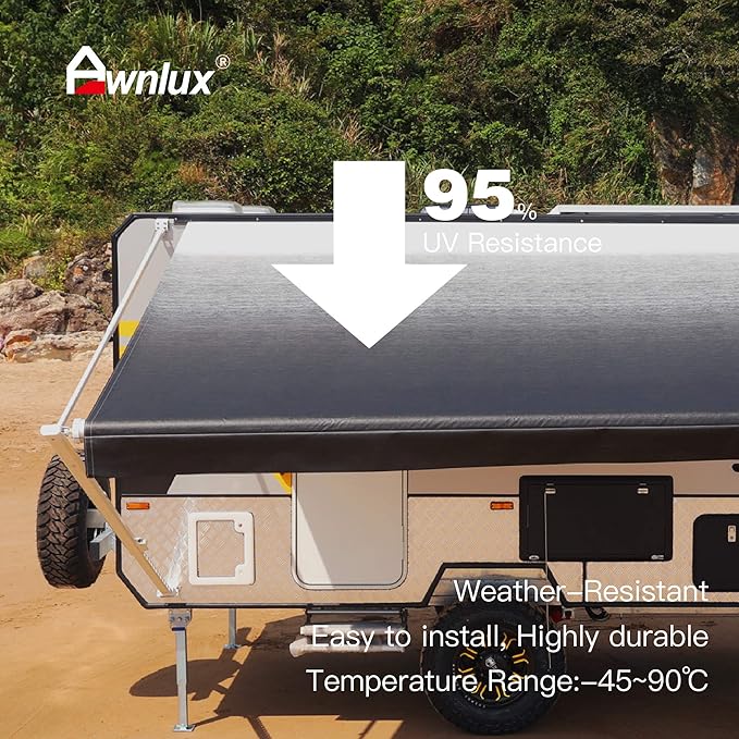 AWNLUX RV Awning Fabric Replacement Waterproof Vinyl Shade Screen for Awnings Camping Universal Fit Fabric Sun Shade UV Sun Blocker Canopy RV Awning Shade Shelter Black Fade-16'(Fabric 15'2")