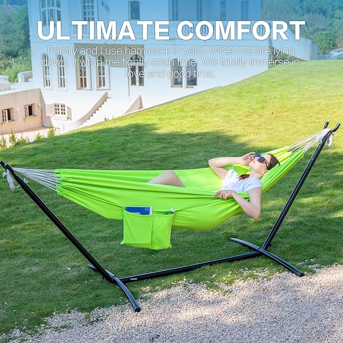 PNAEUT Double Hammocks with Stand for Outside, Portable Space Saving Heavy-Duty Steel Stand for Indoor Outdoor Patio with Carrying Bag, 450 lbs Capacity (Green)