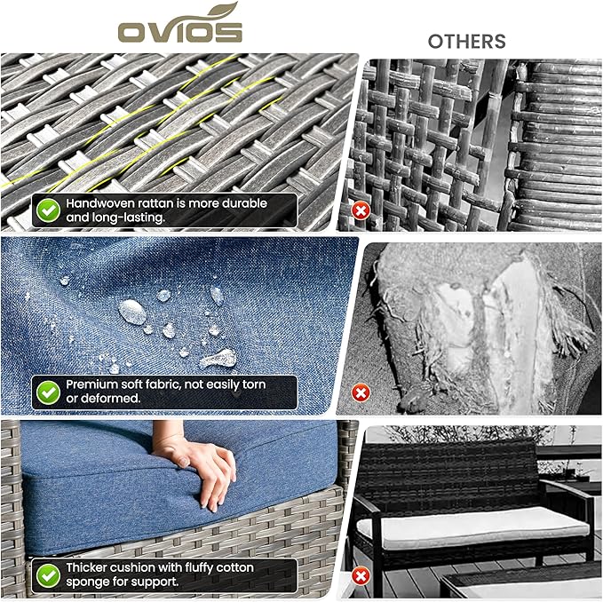 ovios 8 Pieces Patio Furniture Set with 54" Fire Pit Table, Outdoor Wicker Sofa with Comfy Cushions, All Weather High Back Rattan Couch Conversation Set, Denim Blue