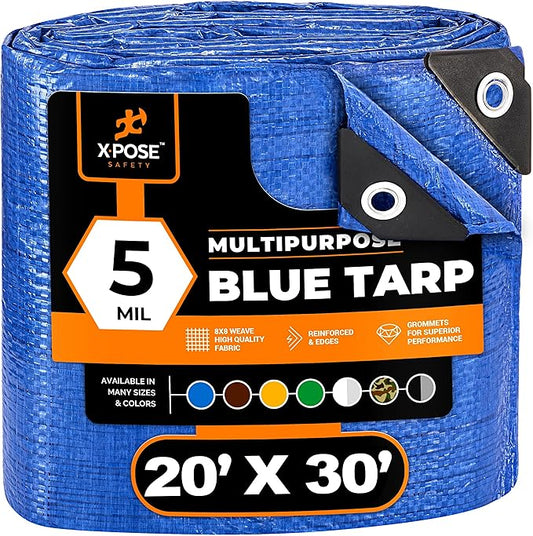 Better Blue Poly Tarp 20' x 30' - (Cut Size) Multipurpose Protective Cover - Lightweight, Durable, Waterproof, Weather Proof - 5 Mil Thick Polyethylene - by Xpose Safety