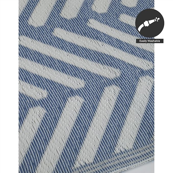FH Home Outdoor Camping Rug - Waterproof, Fade Resistant, Reversible - Premium Recycled Plastic - Herringbone - Large Patio, Deck, Sunroom, RV - Fresno - Light Blue - 9 x 12 ft Foldable