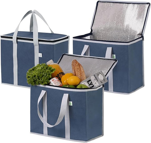 VENO 3 Pack Cooler Bag Insulated Reusable Grocery Shopping Bag, Food Delivery, Heavy Duty, Large Size, Durable Handles, Double Zippers, Lid, Collapsible (Dark Blue, 3 Pack)