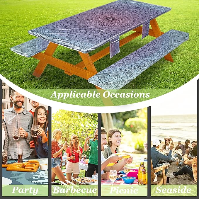 Picnic Table Cover with Bench Covers Vinyl Elastic Edges Fitted Rectangle Seat Tables Waterproof 3-Piece96X30in Set Outdoor Rectangular Folding Backing Tablecloth for Camping Over SizeTie-Dye106